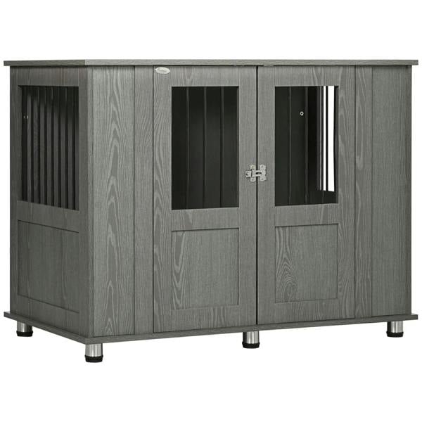 Grey dog crate table with front double doors, metal handles, and raised feet