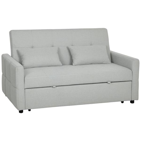 Light grey two-seater sofa bed with tufted back cushions and padded arms