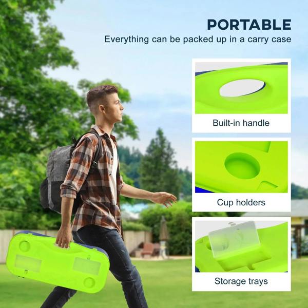 Bright green portable carry case with built-in handle, cup holders, and storage trays