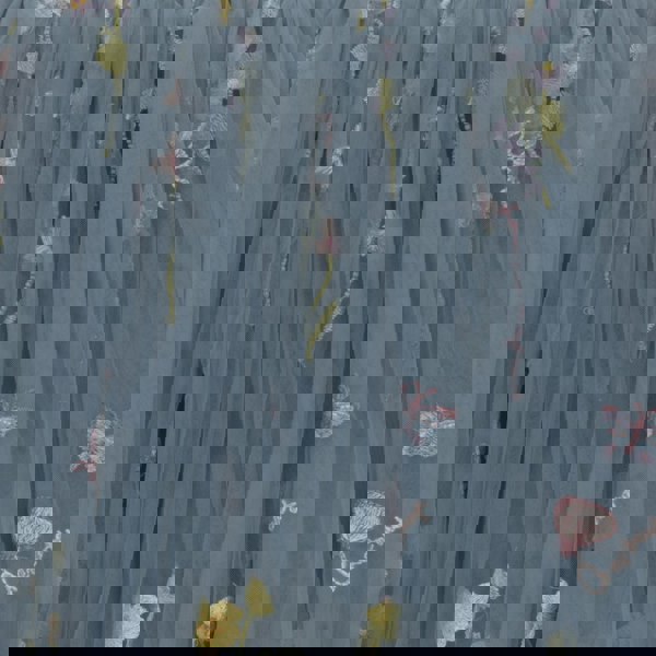 Blue tulle fabric with floral embroidery on a dark background