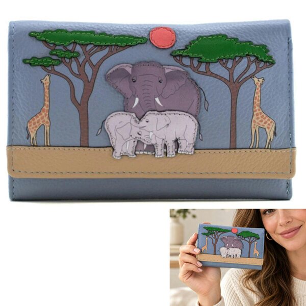 Mala Leather Savanna Safari Elephant & Giraffe Leather RFID Trifold Purse