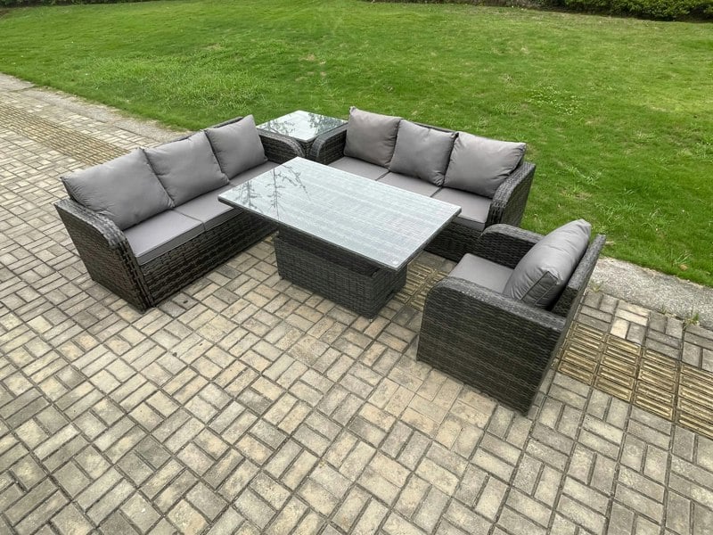 Fimous Outdoor Rattan Garden Furniture Sets Height Adjustable Rising lifting Dining Table Sofa Set with Reclining Chair Side Table Dark Grey Mixed