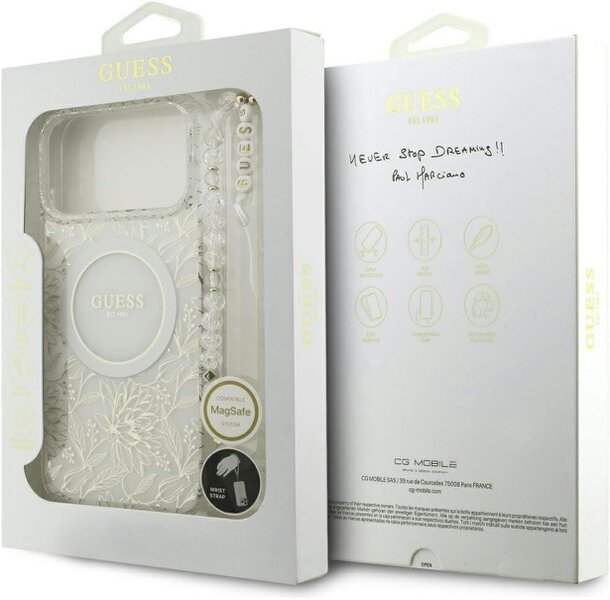 Guess IML Flowers Electro Pearl Strap MagSafe Case for iPhone 17/18 Pro Max 6.9" White - GUHMP18XHCPOFPH