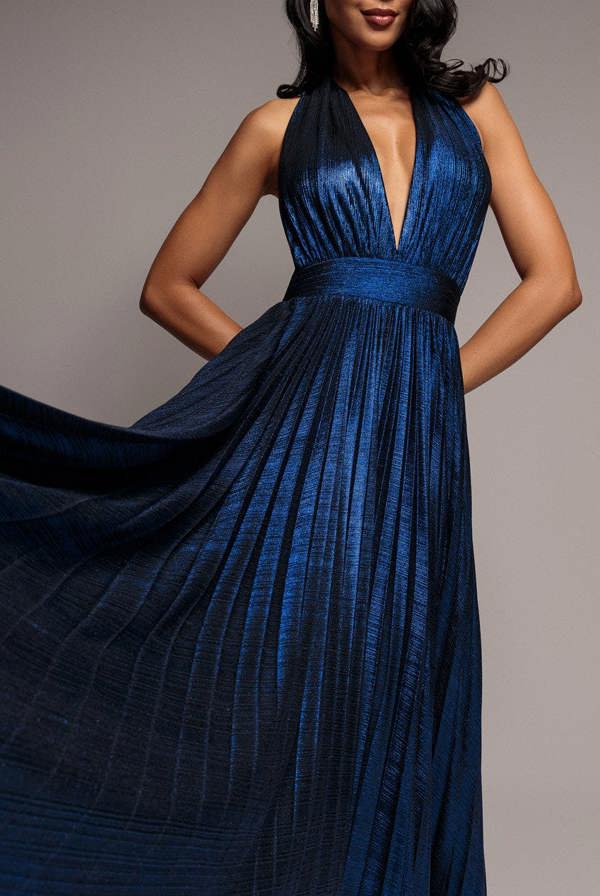 Open Back Sunrise Foil Halterneck A Line Maxi Dress - Navy Blue DR4697