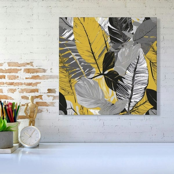 Warren Reed Grey Yellow Floral Leaves Canvas