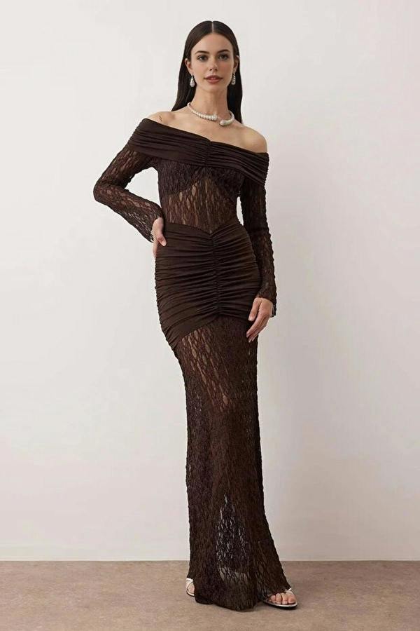 WOVCOR Carmen Collar Lace Knit Elegant Maxi Evening Dress