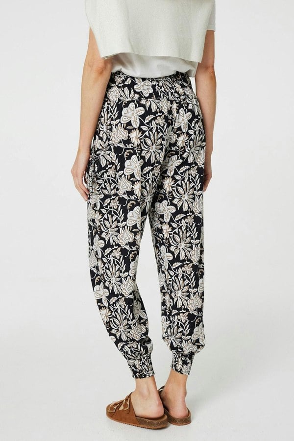 Black | Floral Print Relaxed Harem Pants