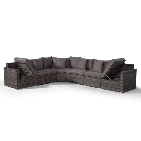Giardino Santorini L Shape Modular 6 Seat Rattan Corner Sofa Set With Large Drinks Cooler Coffee Table & Daybed Ottoman