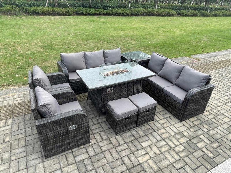 Fimous Rattan Outdoor Garden Furniture Set with Gas Fire Pit Dining Table, Side Table, 2 Chairs, 2 Sofas, 2 Footstools - 10 Seater - Dark Grey