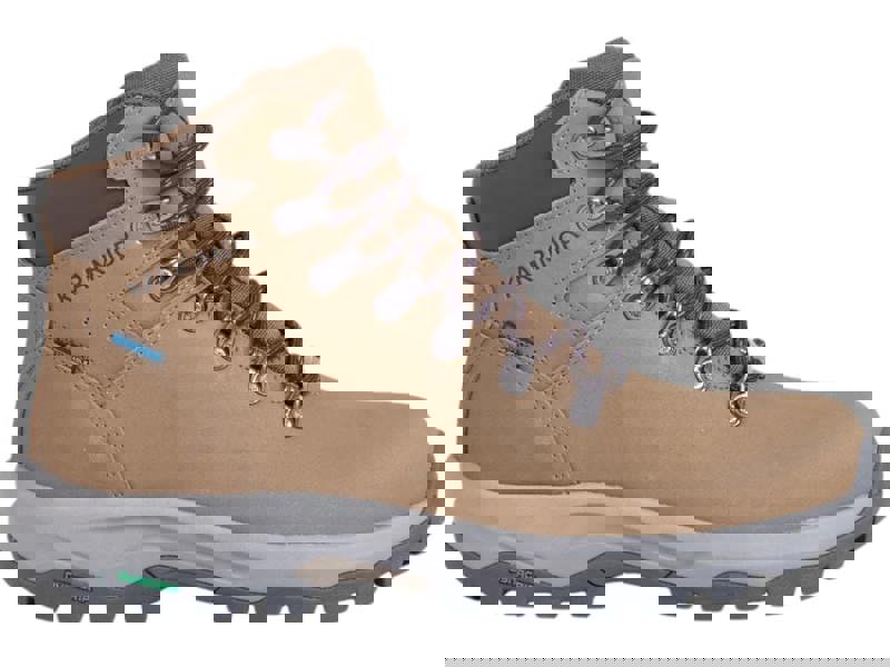 Karrimor Mendip 4 Womens Waterproof Hiking Trekking Ankle Boots, tan-colored outdoor footwear with ankle support, metal eyelets, rugged sole for traction, and waterproof material.