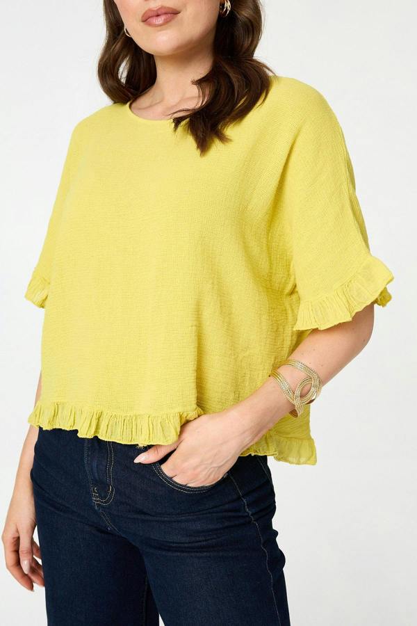 Yellow | Frill Hem 1/2 Sleeve Relaxed Top