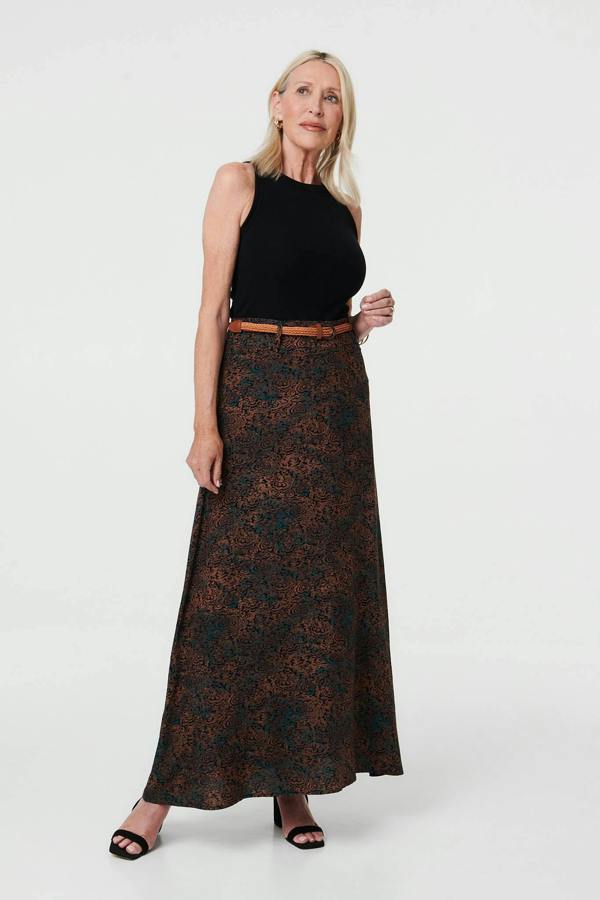 Blue | Printed High Waist Belted Maxi Skirt