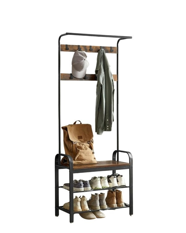 Modcraft Industrial 4-in-1 Coat Rack with Shoe Bench – Hallway Clothes Stand with 9 Hooks