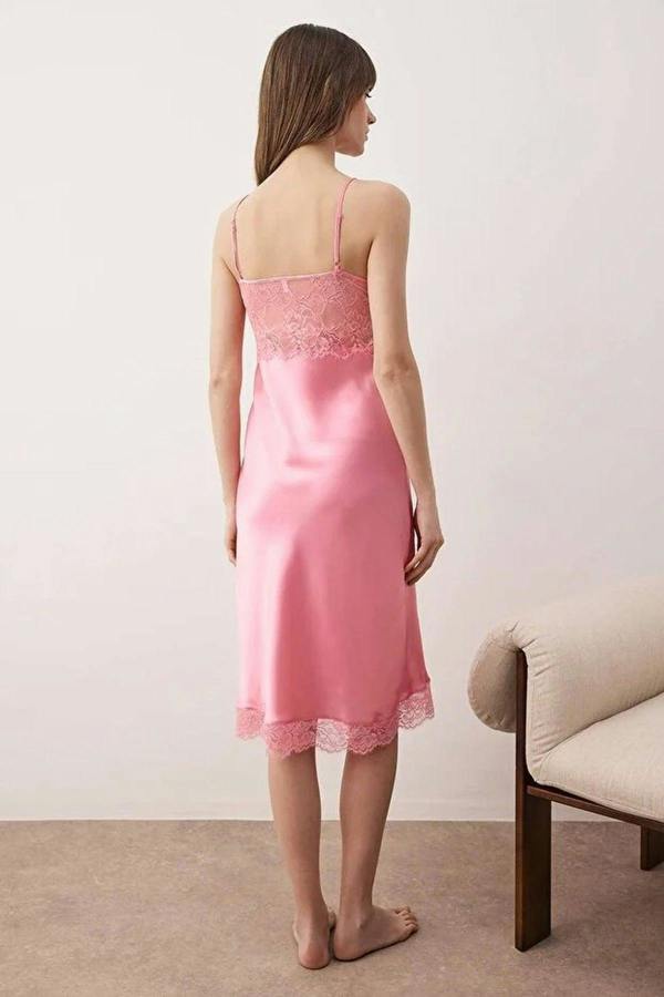 WOVCOR Lace and Slit Detail Satin Woven Nightdress