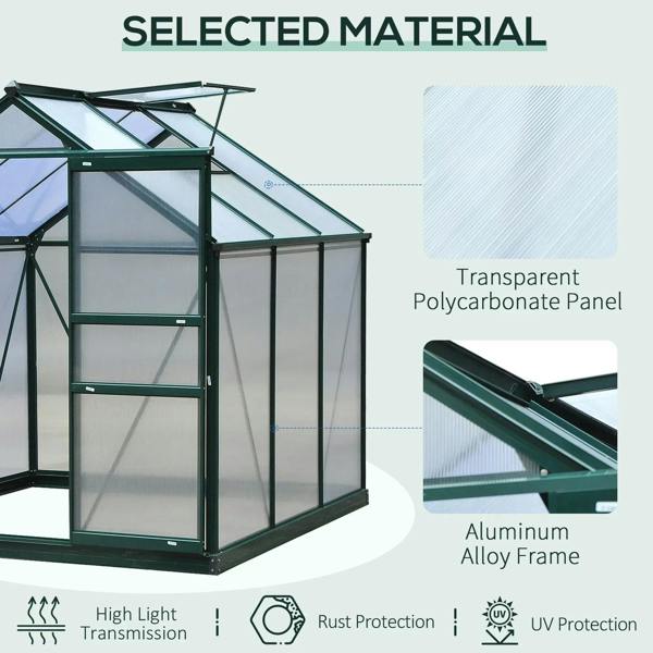 Transparent polycarbonate greenhouse panels with dark green aluminum frame