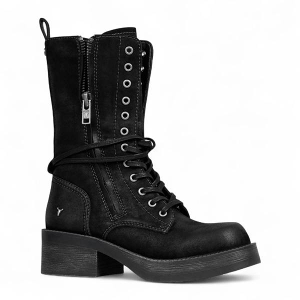 Windsorsmuth Gather - Women's Black Suede Mid-Calf Lace-Up Combat Boots