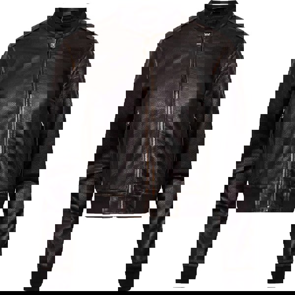 Image displays a washed leather bomber jacket.