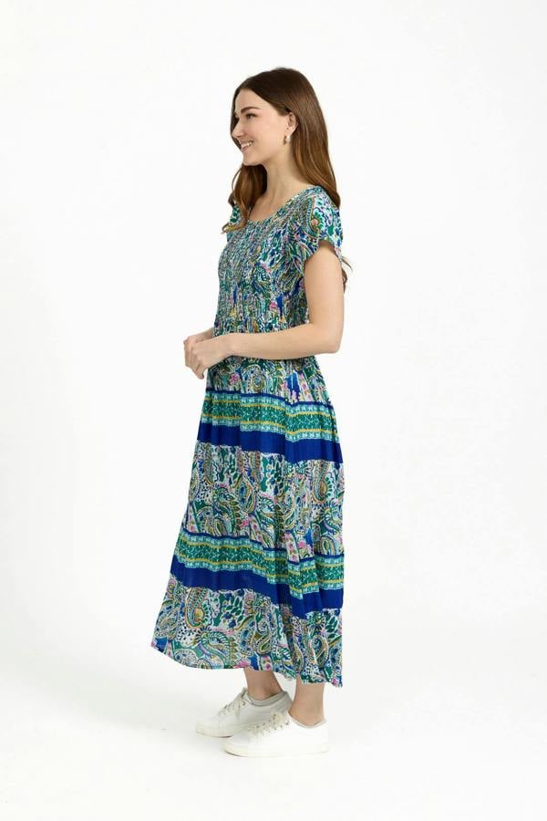 Mudflower Paisley Border Print Shirred Bodice Midi Dress