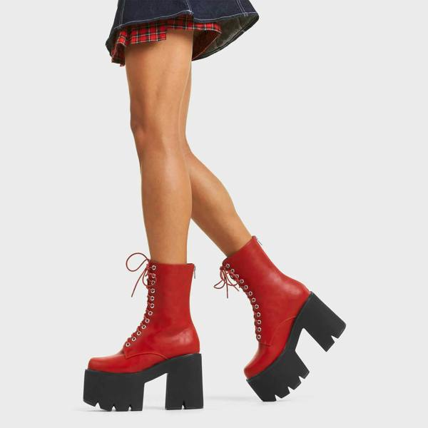 Lamoda Iconic Women’s Chunky Platform Calf Boots Dark Red PU Bold Fashion
