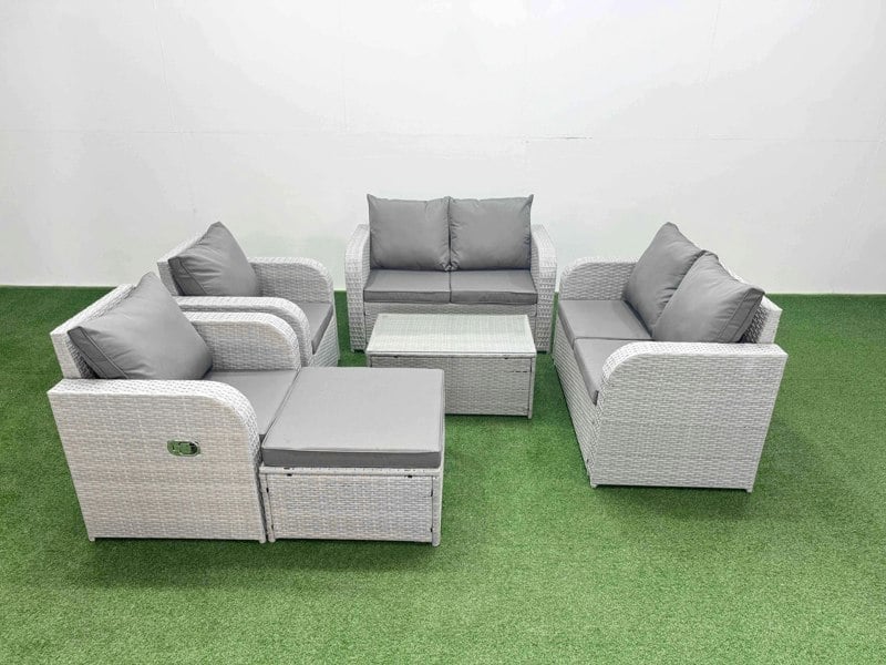 Fimous 7 Seater Outdoor Reclining Chair Love Sofa Set Rattan Garden Furniture Set with Rectangular Coffee Table Footstool Light Grey