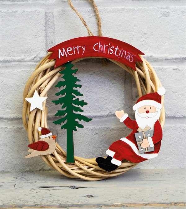 St Helens Natural Colour  Hanging Wicker  Wreath With Santa-