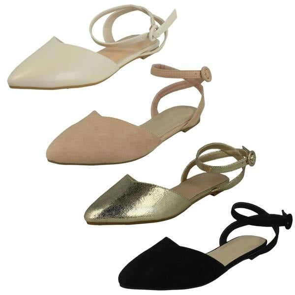 Spot On Ladies Spot On Flat Pointed Toe Ankle Strap Shoes F80538