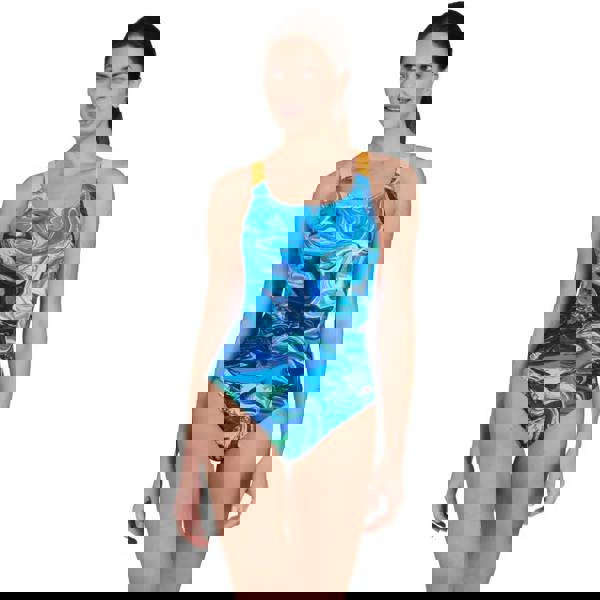 Zoggs Spatial Speedback swimsuit in blue green abstract print with orange straps