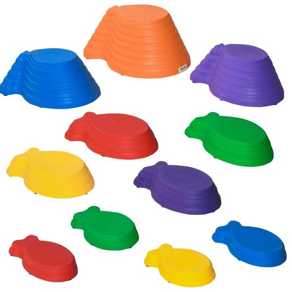 Multicolored kids balance stepping stones set of dome-shaped pieces in blue, orange, purple and more