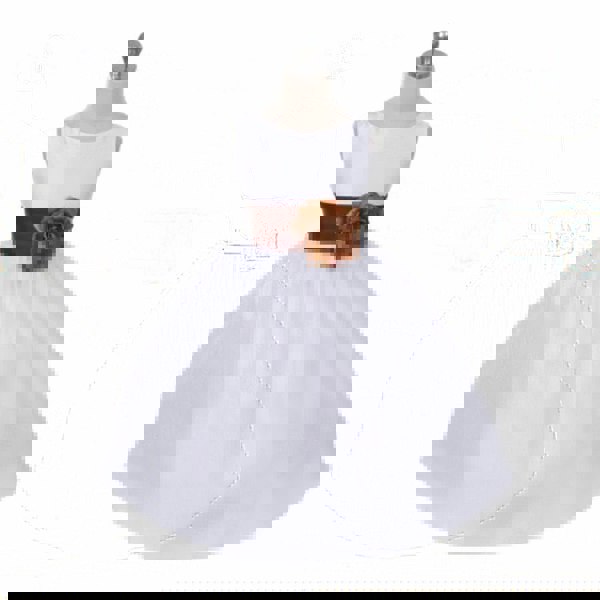 Morgan dress in white with brown sash on mannequin