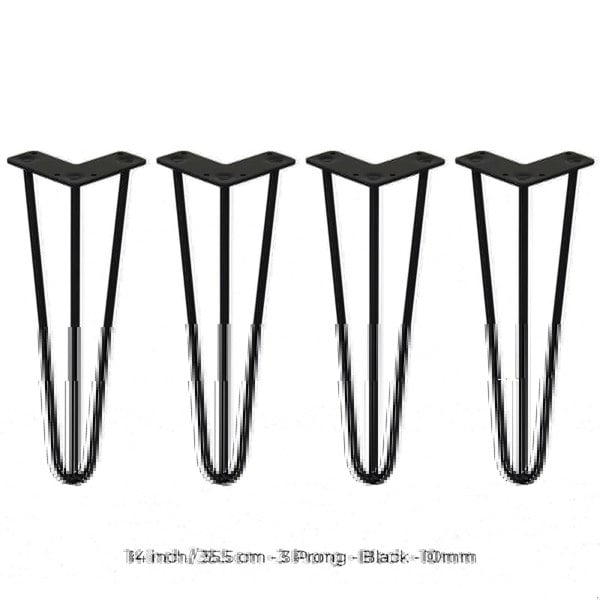 SkiSki 4 x 14" Hairpin Legs - 3 Prong - 10mm - Black