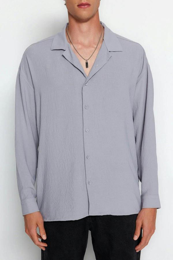 WOVCOR Oversize Fit Open Collar Linen Look Men’s Shirt