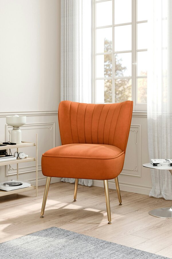 Living and Home Orange Matte Velvet Wingback Accent Chair with Gold Metal Legs