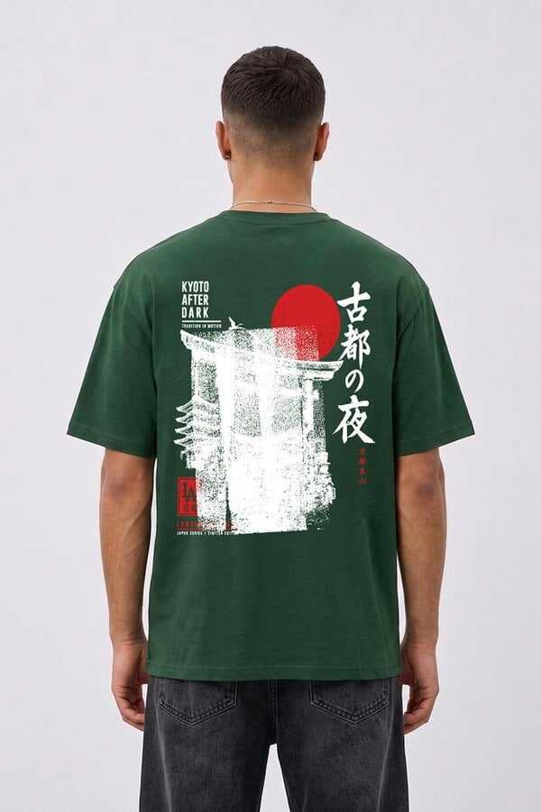 London Attitude Kyoto After Dark Oversized Heavyweight Japanese Graphic T-Shirt - Forest green