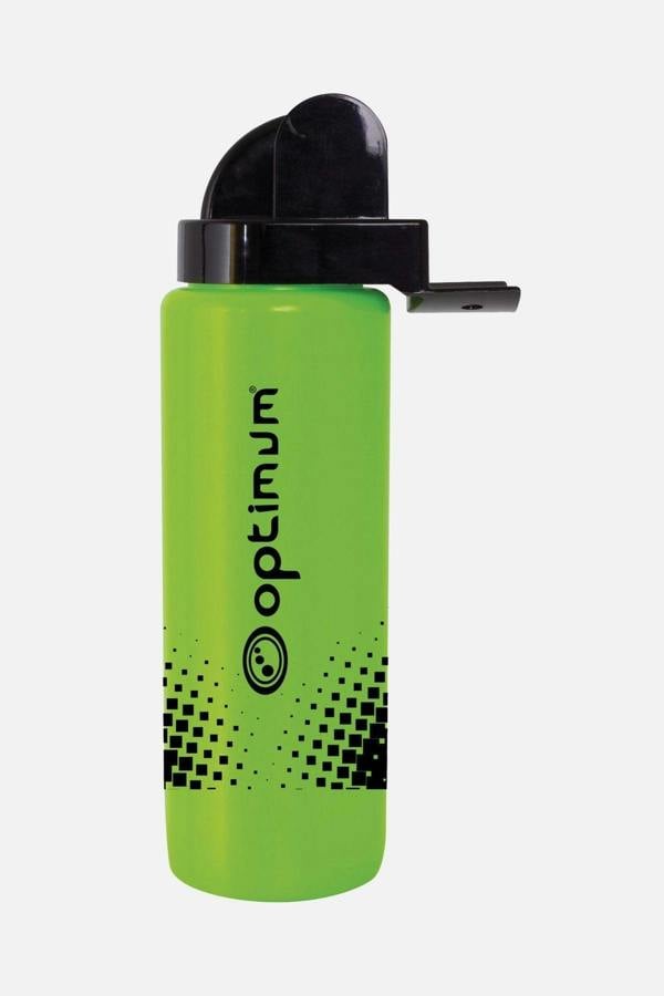 Green Optimum aqua spray water bottle with black flip cap and halftone print, upright on white - Optimum