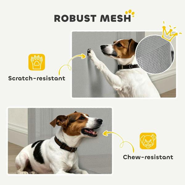 Grey robust mesh retractable dog gate with scratch- and chew-resistant mesh