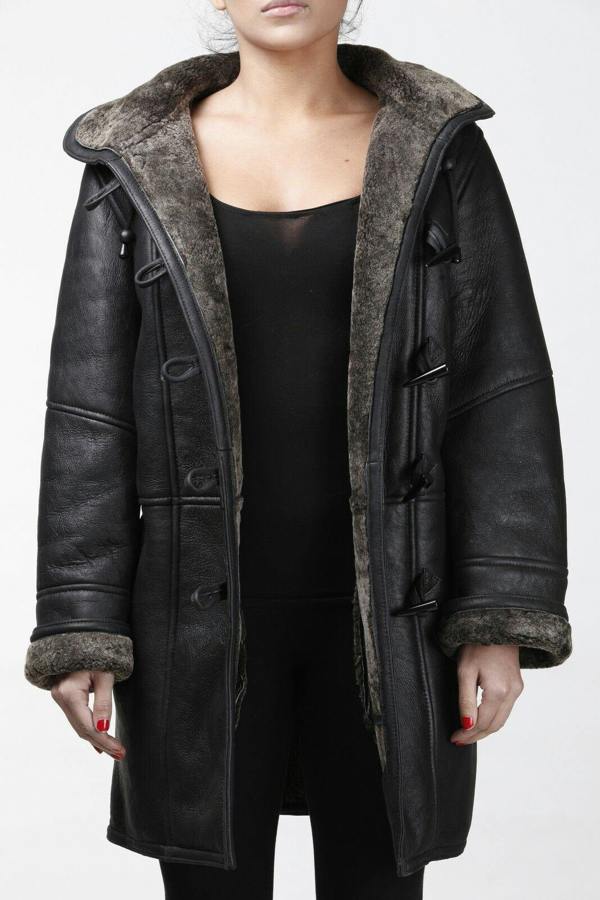 Infinity Leather Womens Black Shearling Hooded Duffle Coat-Lille