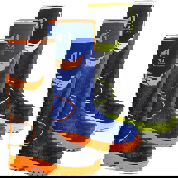 Buckbootz BBZ8000 Men's Safety Waterproof Composite Toe/Midsole S5 Wellington boots, waterproof safety work boots in black with bright orange, blue with bright orange, and black with neon yellow accents.