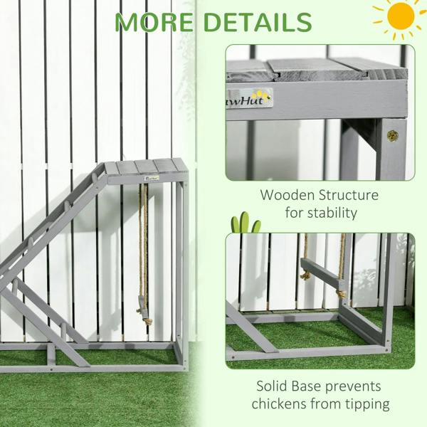 Grey wooden chicken coop toy with solid base and ladder, swing ropes hanging inside.