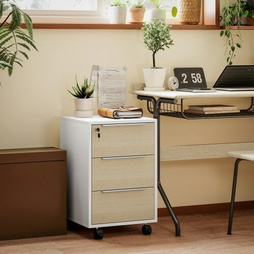 HOMCOM Modern 3-Drawer Locking File Cabinet Mobile Filing Cabinet Oak White