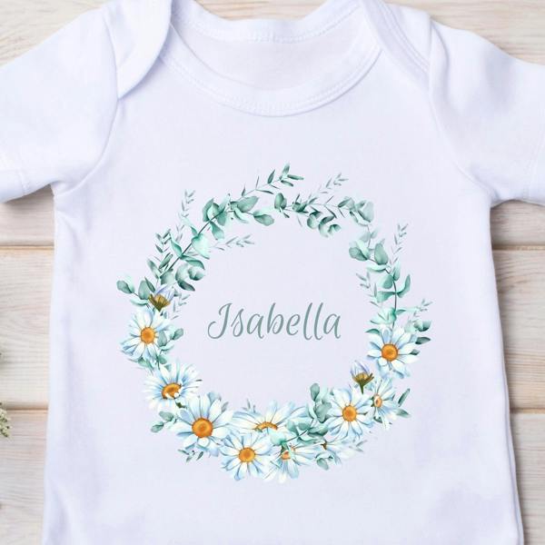 Personalised Daisy Floral Circle Baby Grow, Vest or Bib with Name