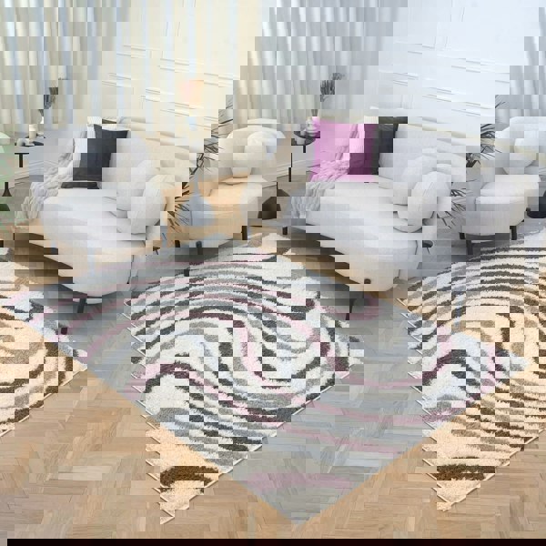 Moodi Shaggy Grey/Purple rug, striped design, soft pile | THE RUGS