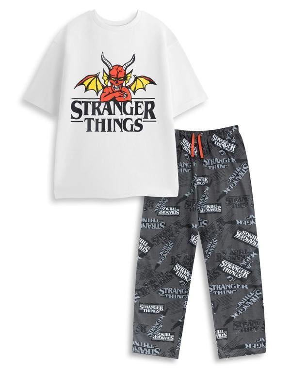 Stranger Things Mens White Logo Short Sleeve Long Leg Pyjama Set