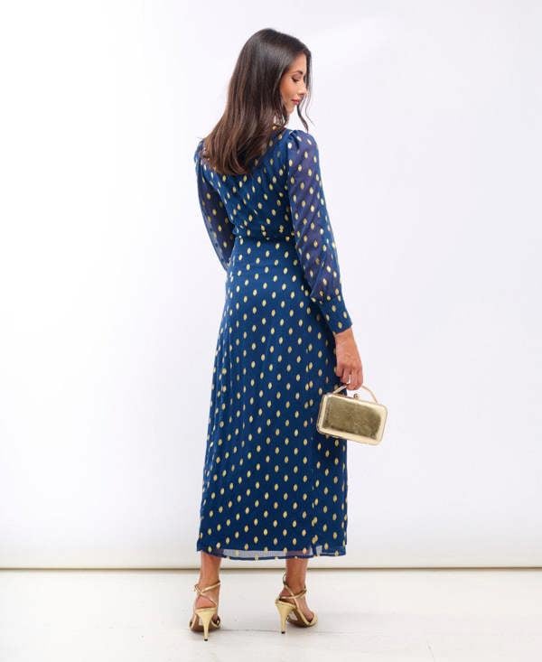 Needs No Label Dark Blue Long Sleeve Plunge Midaxi Dress