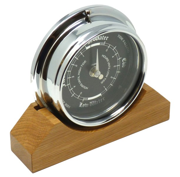 Tabic Handmade Prestige Tide Clock in Chrome on an English Light Oak Mantel/Display Mount