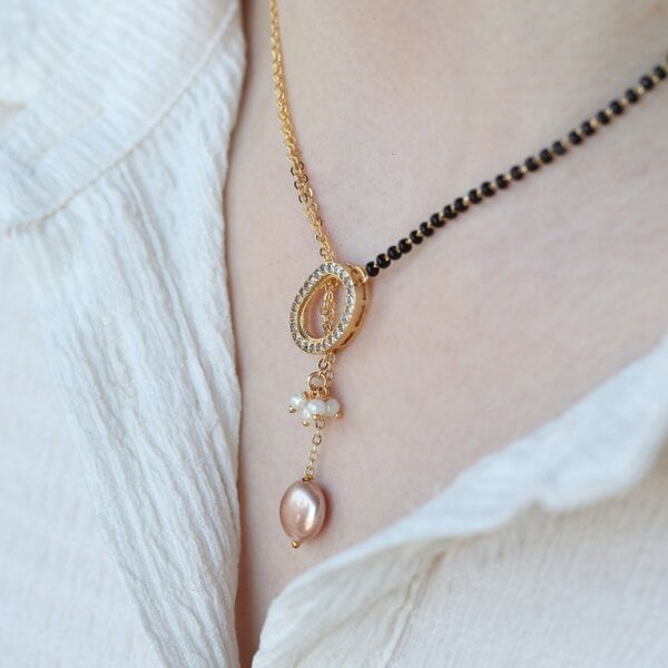 The Colourful Aura Half Black Bead Gold plated Oval Pearl Y shape Lariat Mangalsutra