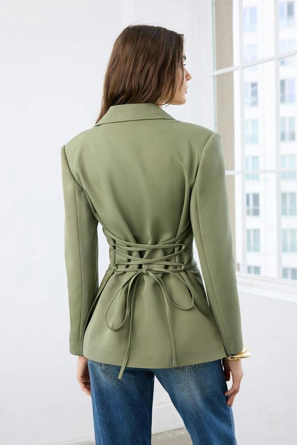 Back Tie Detail Fitted Woven Blazer Jacket