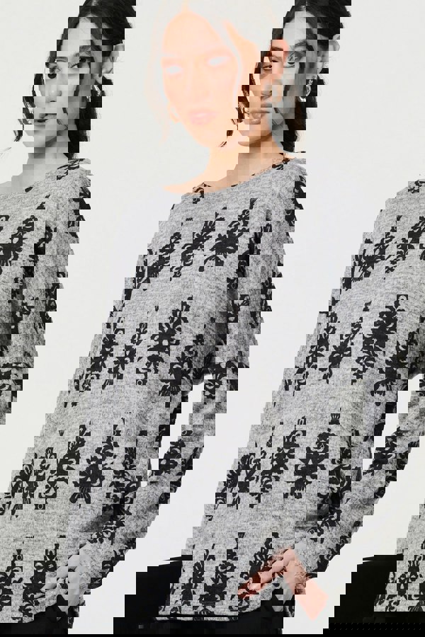 Grey | Printed Long Batwing Sleeve Relaxed Top
