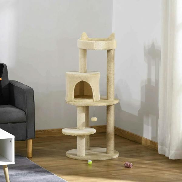 Cream plush cat condo tree with multiple perches and a dangling ball toy
