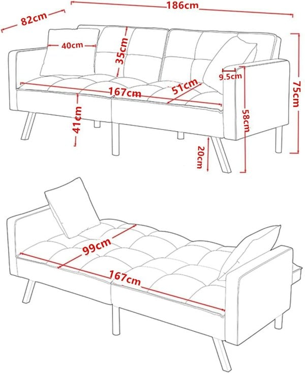 Kosy Koala Sofa Bed 2 Seater Blue Velvet Click Clack Sofa Settee Recliner Couch with Metal Legs 2 Pillows