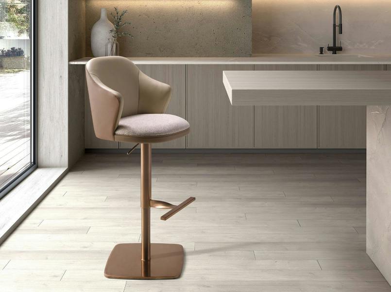 Angel Cerdá Swivel Stool in Cream Marbled Fabric and Brown Leatherette 4232
